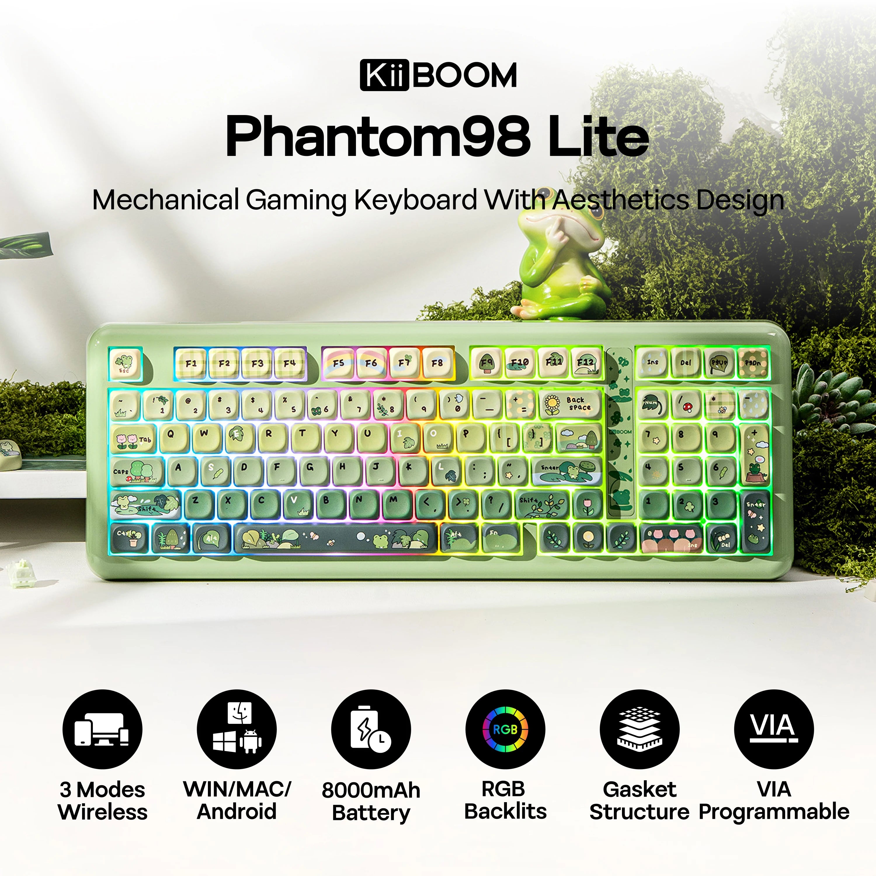 KiiBOOM Phantom98 Lite 96% ANSI US Layout Gasket Tri-mode Wireless Ergonomic Mechanical Gaming Keyboard with Vibrant RGB Backlit