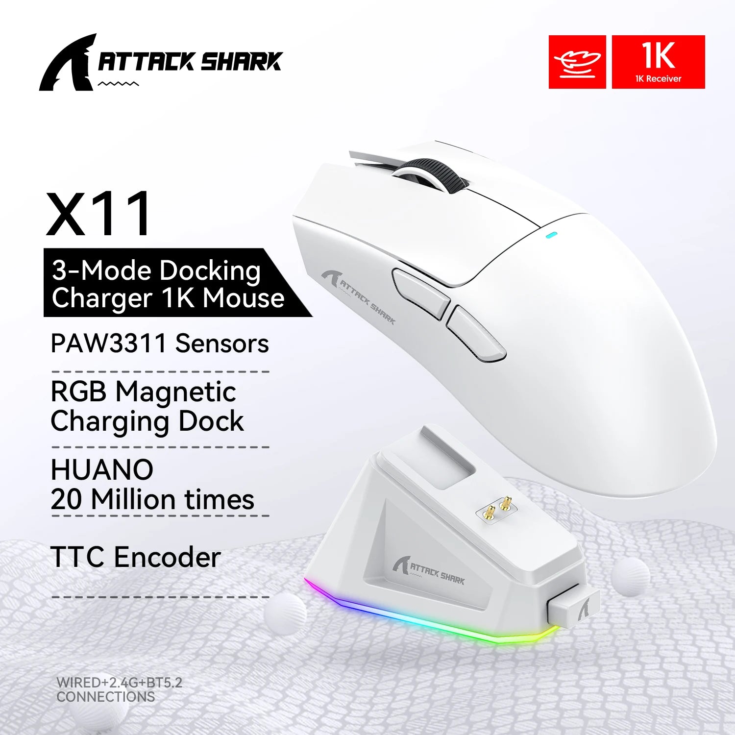 Ultra Light ATTACK SHARK X11 Tri-mode 2.4G Bluetooth Wired Programmable RGB Ergonomic Gaming Mouse For PC Laptop