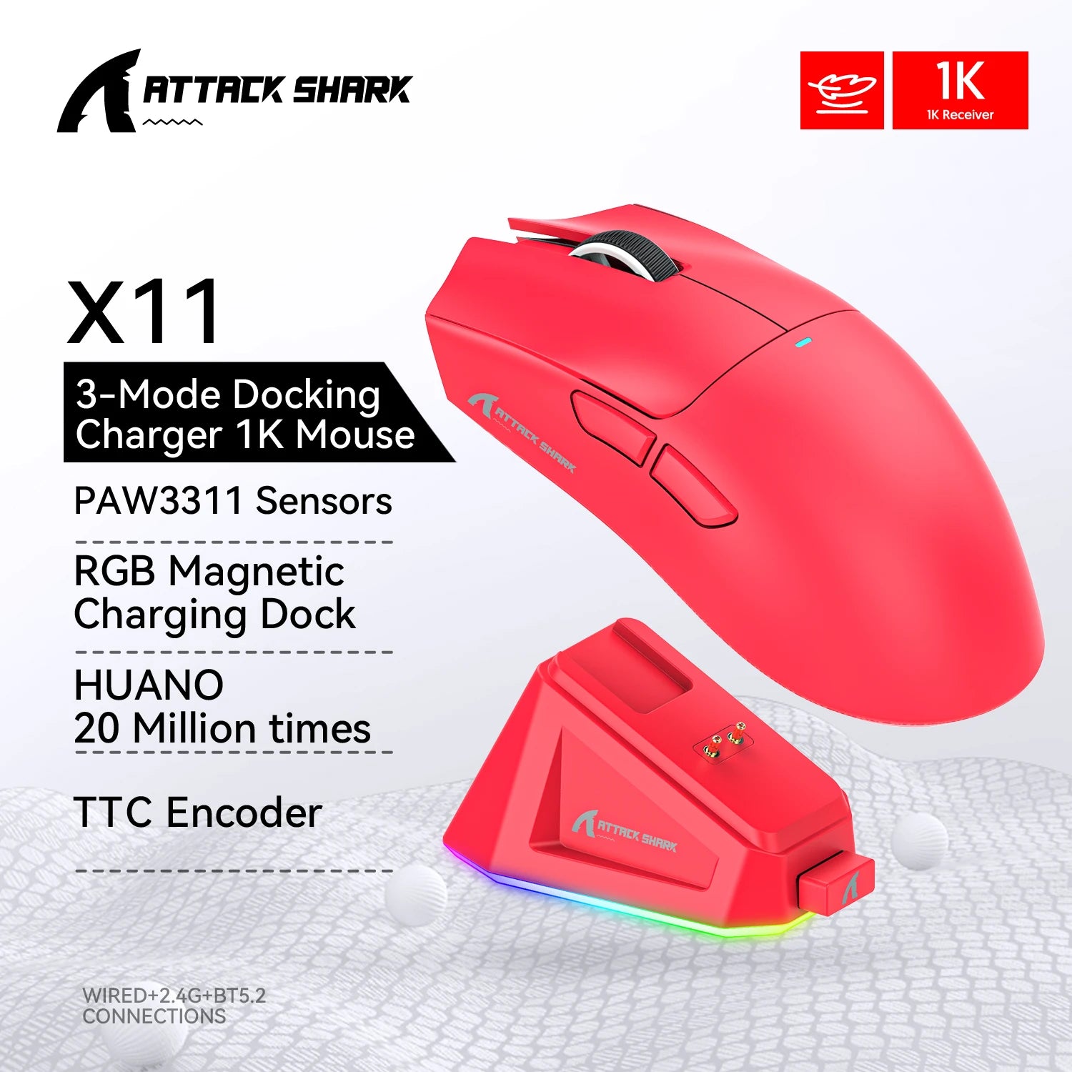 Ultra Light ATTACK SHARK X11 Tri-mode 2.4G Bluetooth Wired Programmable RGB Ergonomic Gaming Mouse For PC Laptop