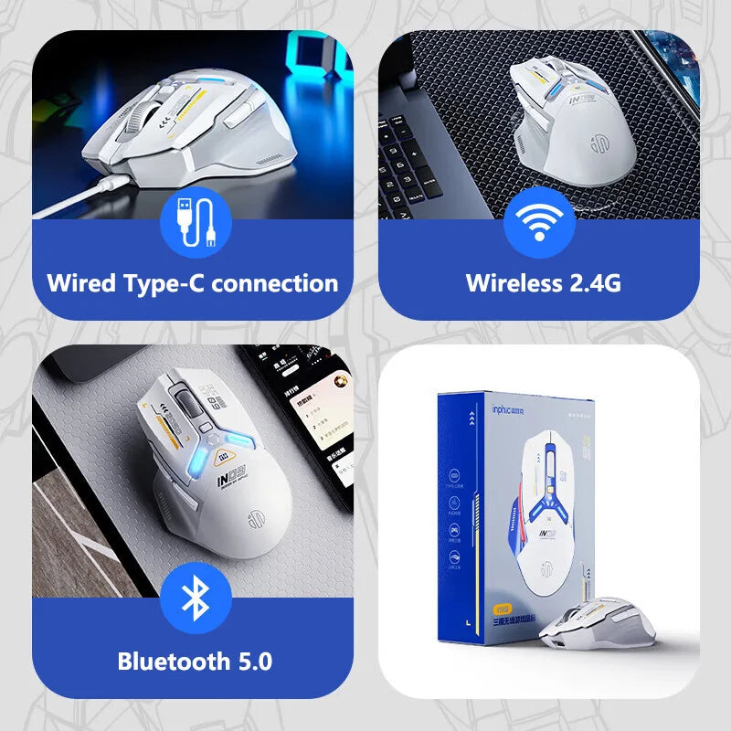 INPHIC IN9 Tri-mode Wireless Gaming Mouse Bluetooth 2.4G Wired 12000DPI RGB RGB Rechargeable Ergonomic Mice for PC Laptop Gam