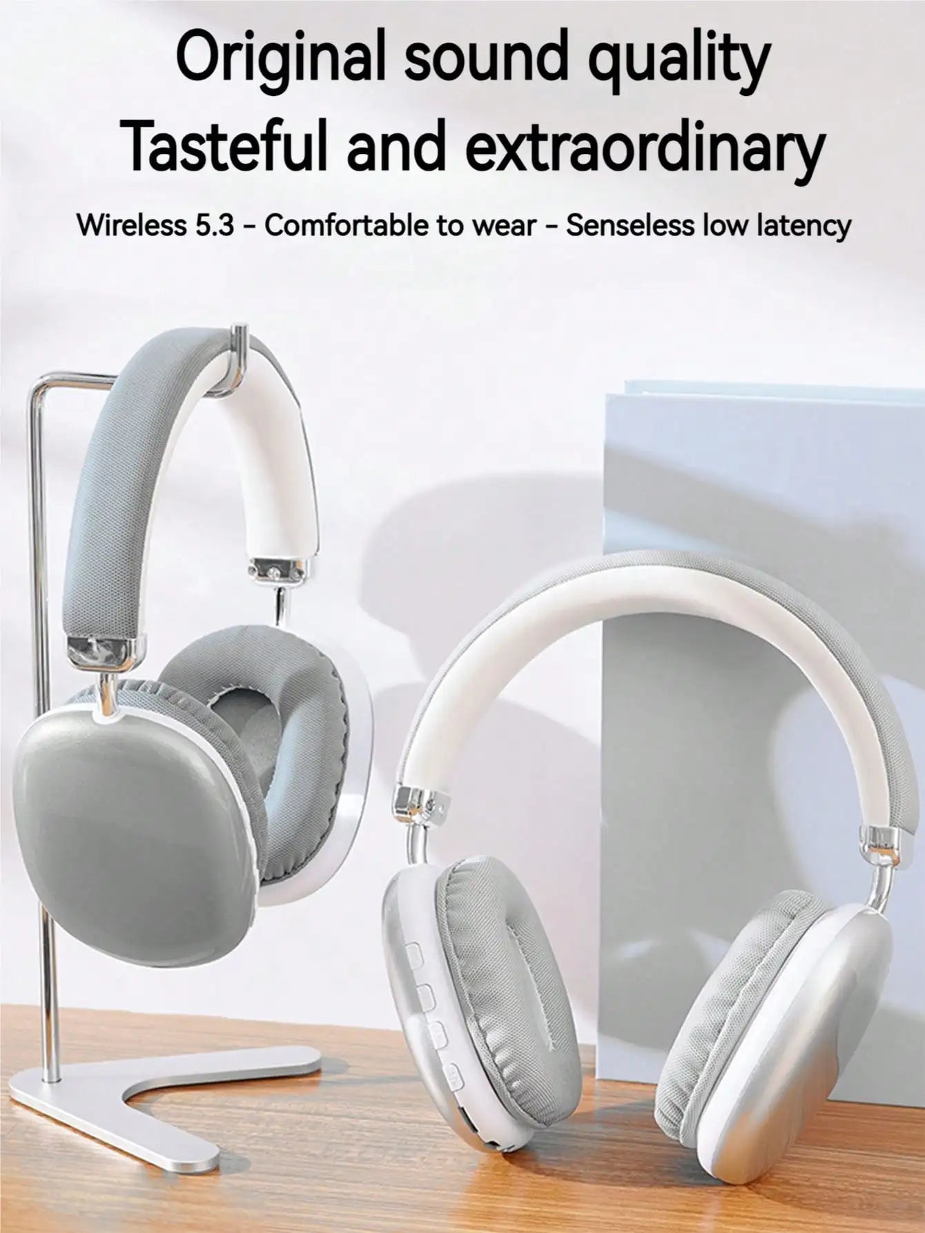 Bluetooth Headphones Over Ear Wireless Headset HiFi Music Gaming Comfortable Mic for iPhone Android PC Silver