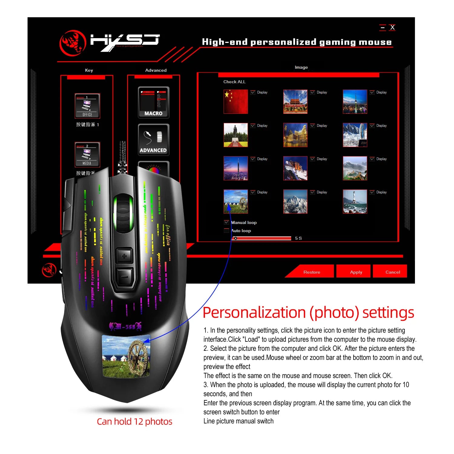 HXSJ J500 Wired Gaming Mouse 10000 DPI Optical Sensor RGB Backlit Photo Setting Macro Programming for PC Gamers Office Home