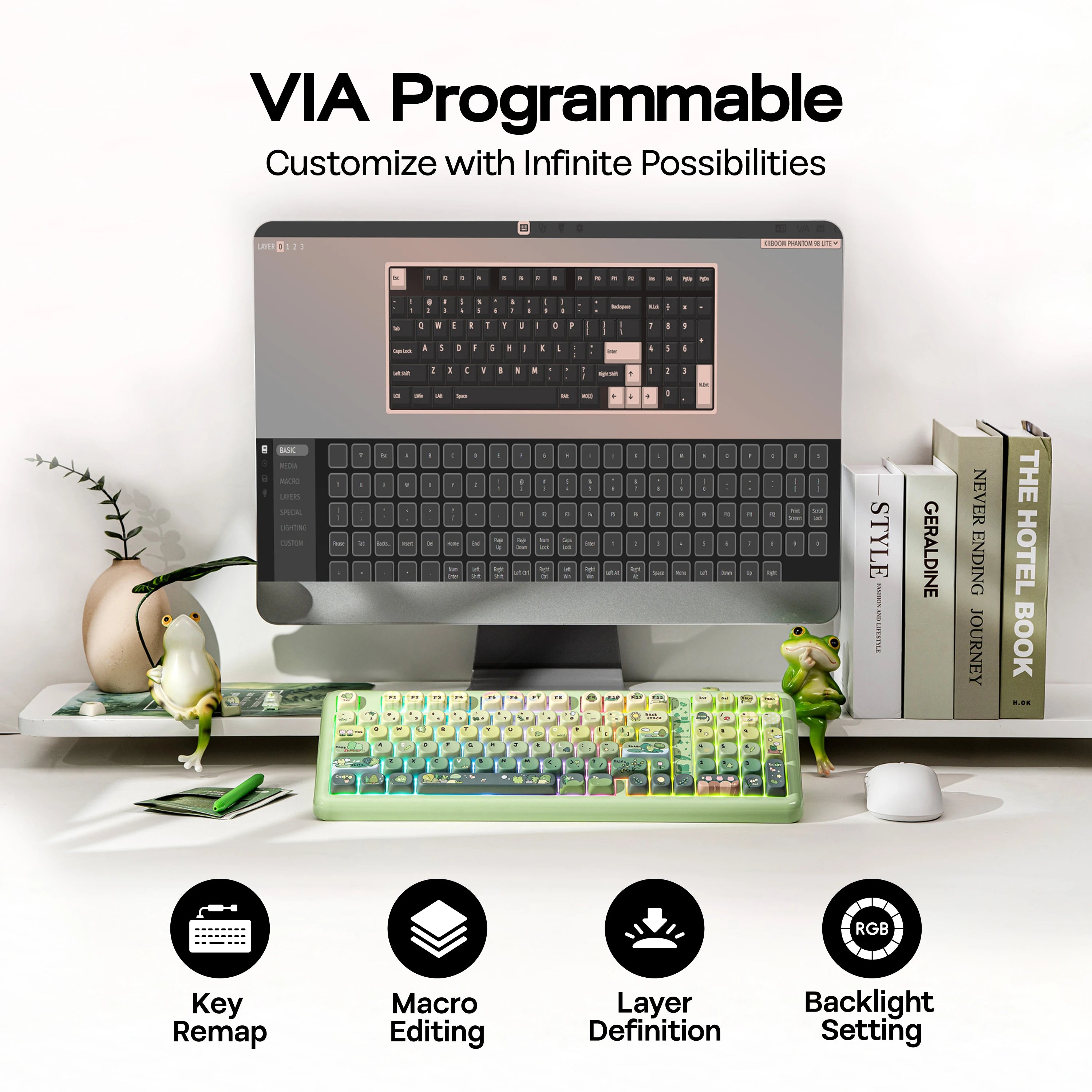 KiiBOOM Phantom98 Lite 96% ANSI US Layout Gasket Tri-mode Wireless Ergonomic Mechanical Gaming Keyboard with Vibrant RGB Backlit