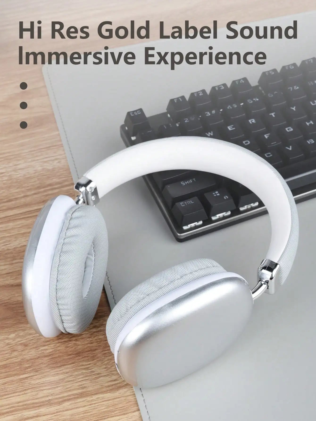 Bluetooth Headphones Over Ear Wireless Headset HiFi Music Gaming Comfortable Mic for iPhone Android PC Silver