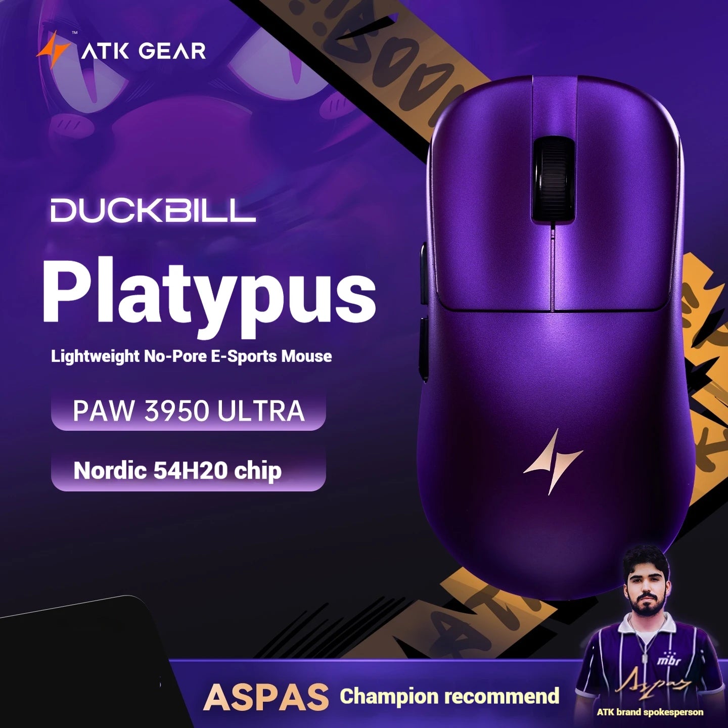 New ATK DUCKBILL Ultra Gaming Mouse Lightweight Wireless E-sport Ergonomic PAW3950Ultra 8000Hz 46g Ice-Cool Coating NORDIC 54H20