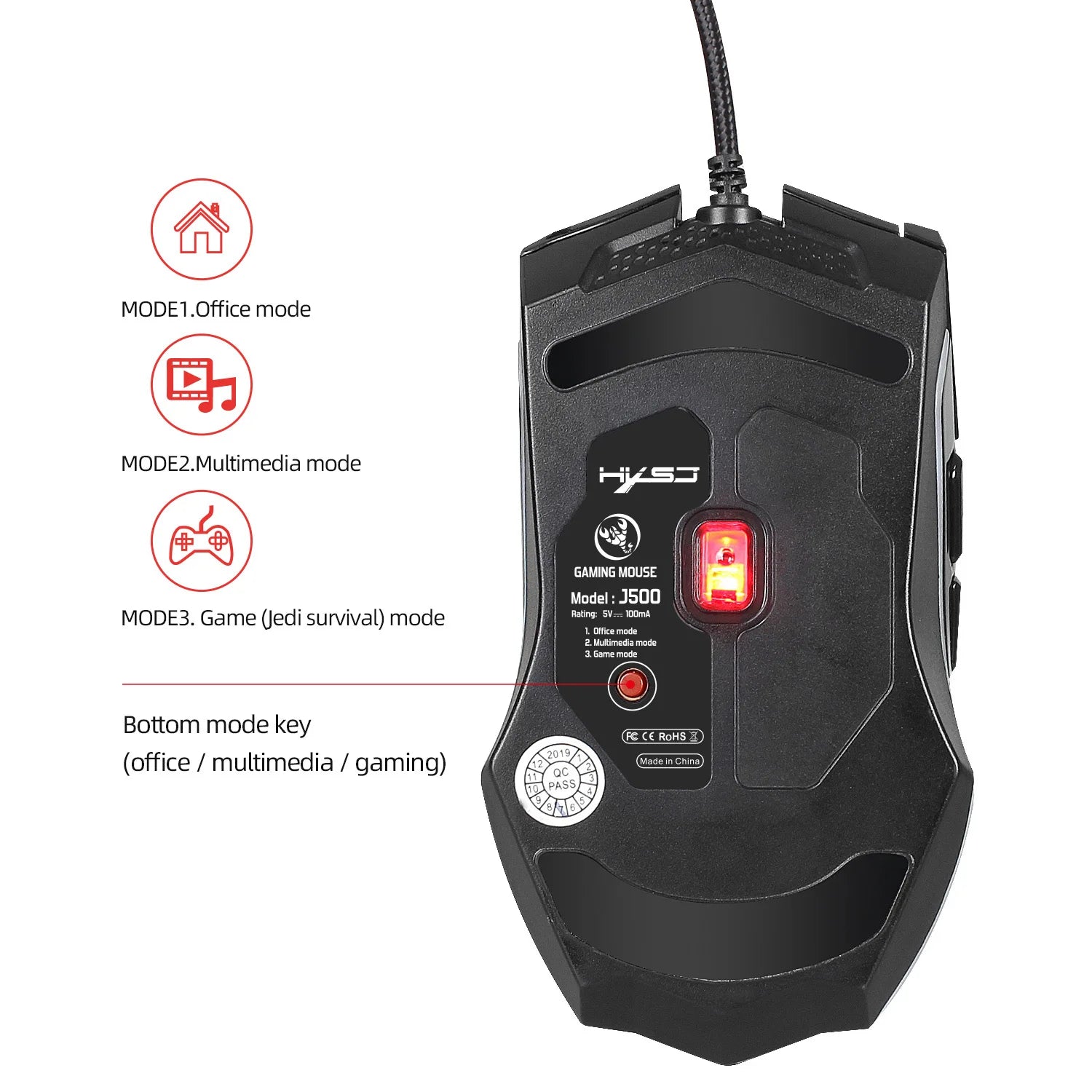 HXSJ J500 Wired Gaming Mouse 10000 DPI Optical Sensor RGB Backlit Photo Setting Macro Programming for PC Gamers Office Home