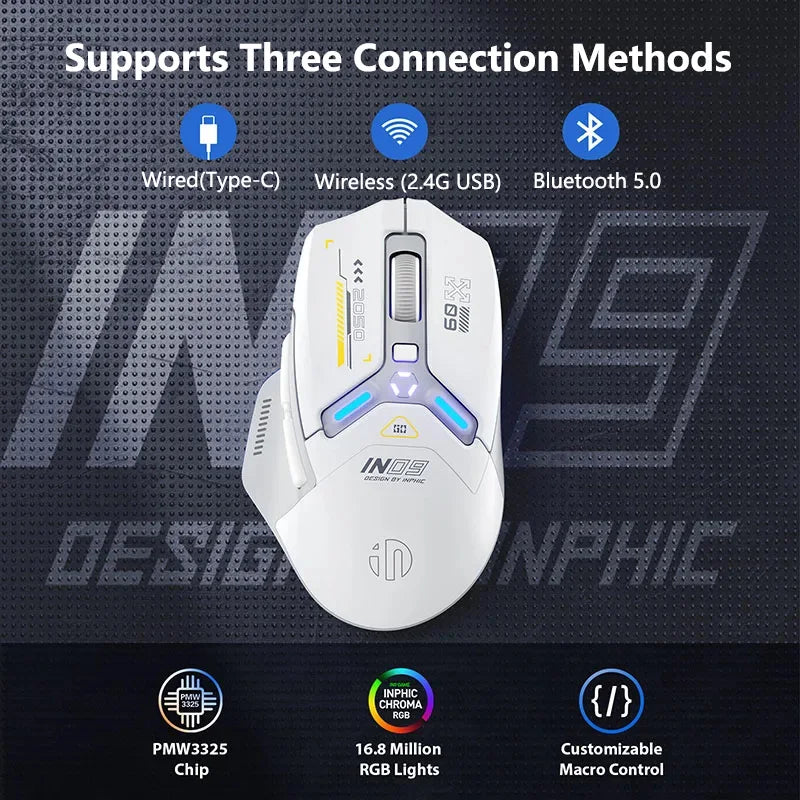 INPHIC IN9 Tri-mode Wireless Gaming Mouse Bluetooth 2.4G Wired 12000DPI RGB RGB Rechargeable Ergonomic Mice for PC Laptop Gam
