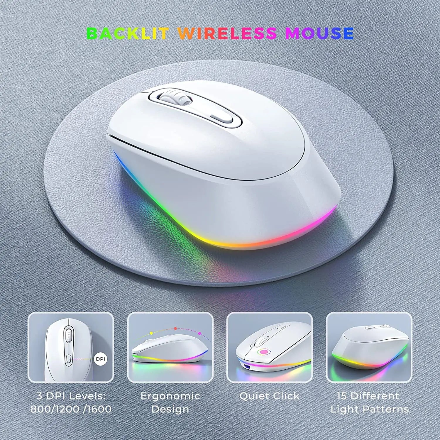 BOW Rechargeable Wireless Mouse Portable 2.4G Wireless Mouse LED Rainbow Lights Quiet Click Mice for Laptop Computer