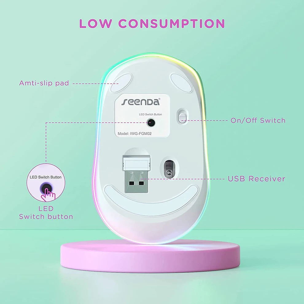 BOW Rechargeable Wireless Mouse Portable 2.4G Wireless Mouse LED Rainbow Lights Quiet Click Mice for Laptop Computer